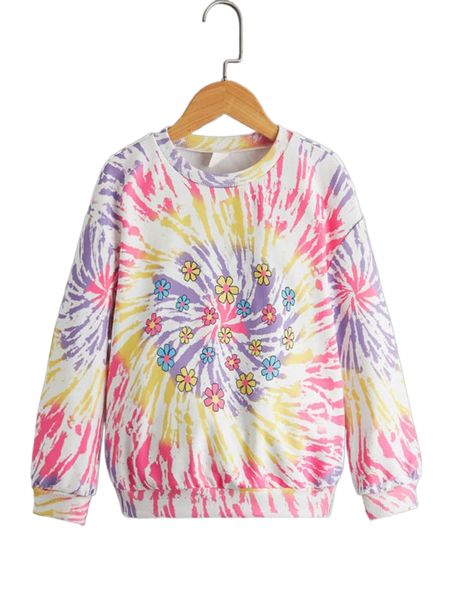 

girls swirl tie dye & floral print drop shoulder sweatshirt k6yx#, Black;white