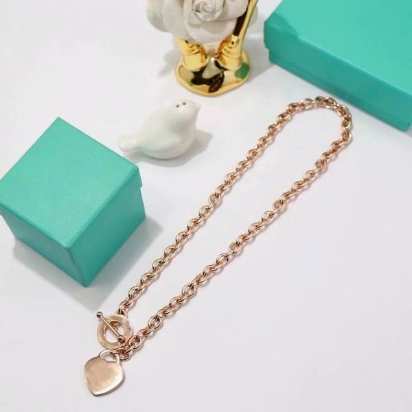 

2022 rose gold thick chain ear heart ring pendant necklaces stainless steel material size with blue box and dust bag, Silver