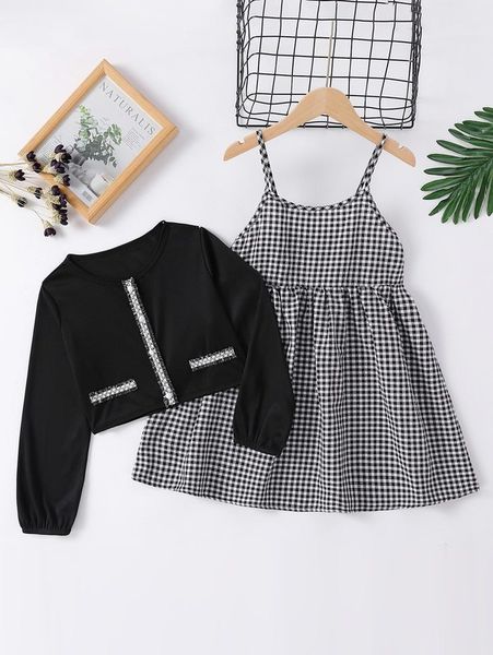 

girls ruffle trim fake button & gingham cami dress she, White