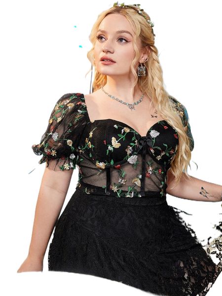 

plus floral embroidery mesh puff sleeve bustier u3ty#, Black