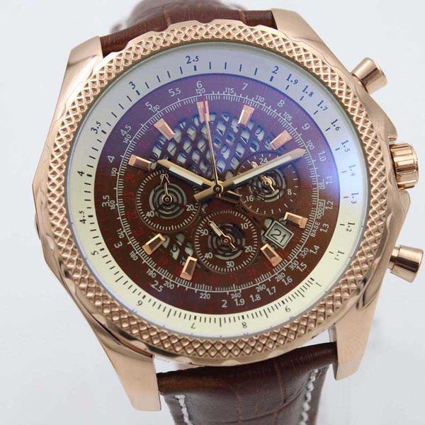 

gold new rose quality b06 b01 a25362 chronograph battery movement quartz brown dial men watch leather strap mens wristwatches, Slivery;brown