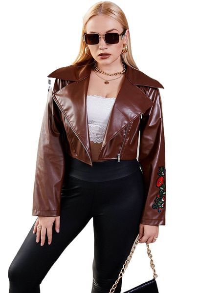 

plus floral embroidery lapel collar zipper pu moto jacket z3p4#, Black
