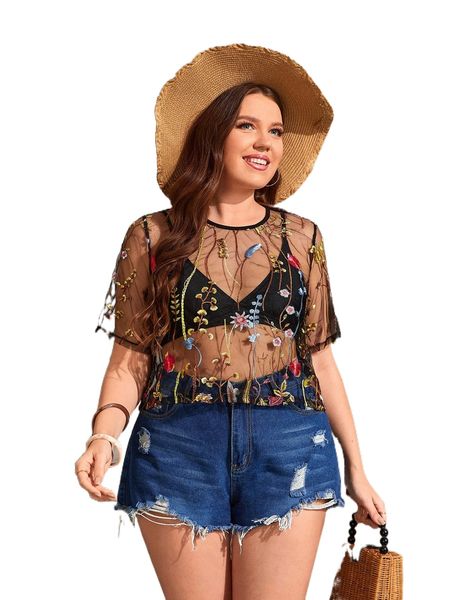

plus floral embroidery sheer mesh without bra a0sr#, Black