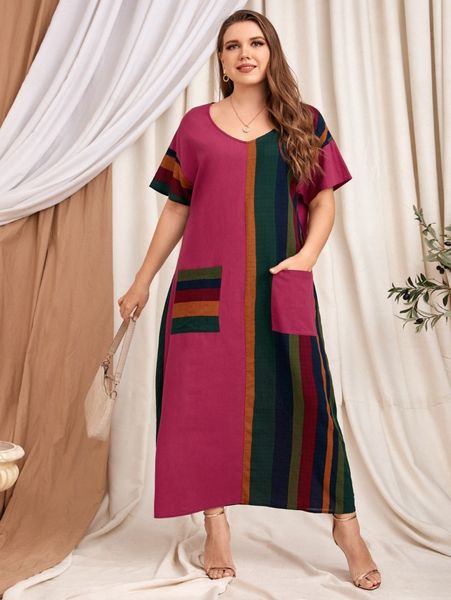 

plus contrast panel dual pocket tunic dress t3br#, Black