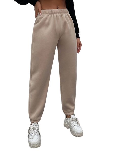 

solid elastic waist thermal lined sweatpants j5au#, Black;white