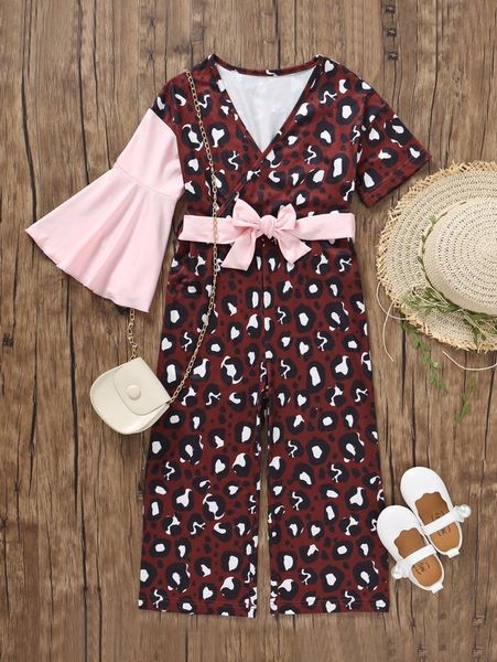 

toddler girls graphic print flounce sleeve belted jumpsuit she, Blue