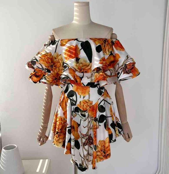 

women's jumpsuits rompers foreign trade original single european and american printed shoulder lotus leaf edge high waist slim fashion, Black;white