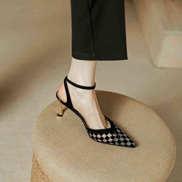 

sandals qianniao grid cloth wrapped back empty sandals summer simple korean thin heel pointed high-heeled 82pe, Black