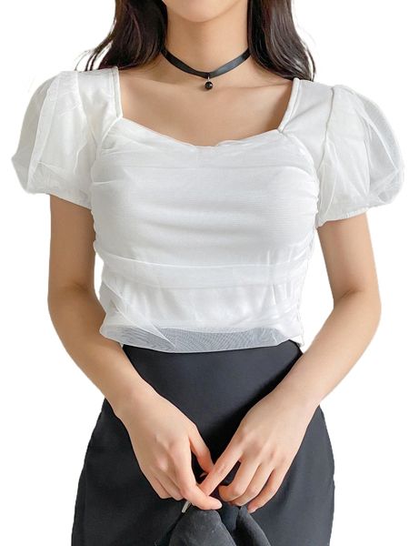 

dazy sweetheart neck contrast mesh puff sleeve tee j9fj#, White