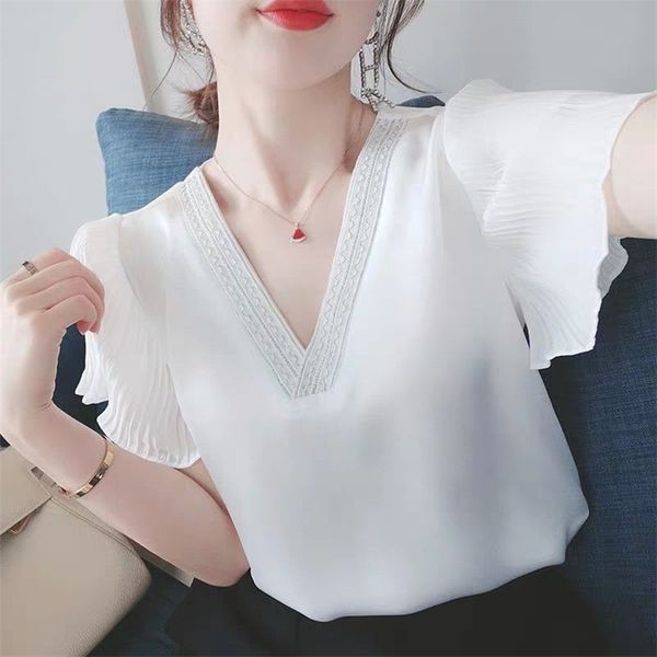 

women's spring summer style chiffon blouses shirt women's butterfly sleeve v-neck solid color elegant casual loose 21302, White