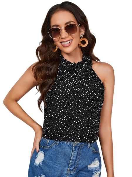 

polka dot ruffle neck blouse x0lj#, White