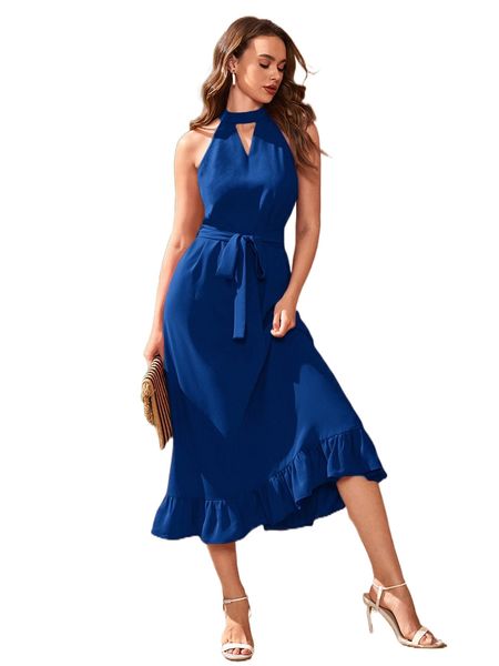 

solid ruffle hem keyhole neck belted dress n28l#, Black;gray