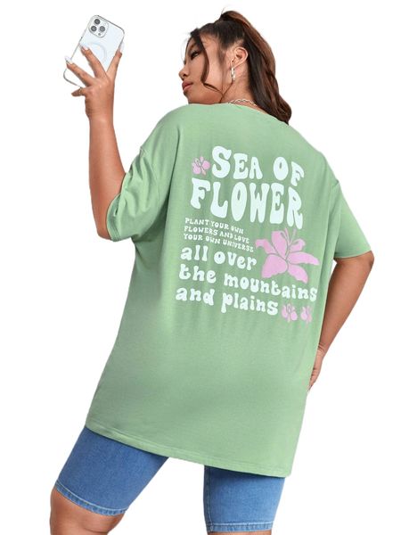 

plus slogan graphic drop shoulder tee 91xy#, Black