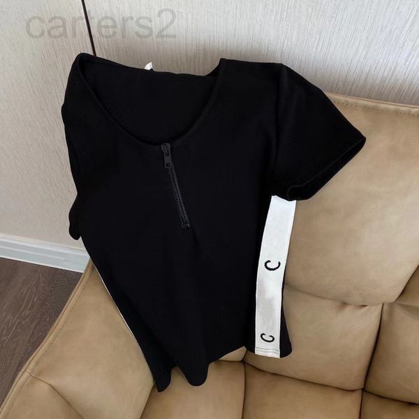 

women's t-shirt designer 22 spring and summer new ce letter side stitching contrast ribbon french round neck half zipper slim fit fashi, White