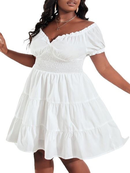 

sxy plus off shoulder frill trim shirred waist ruffle hem dress i7et#, Black