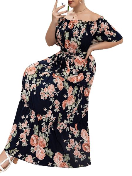 

plus floral bardot belted maxi layered dress 96ml#, Black