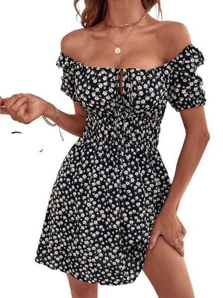 

f.loral s.quare n.eck t.ie f.ront d.ress p9hn#, Black;gray