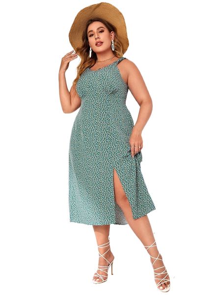 

plus ditsy floral cut out shirred back slit thigh dress e1un#, Black