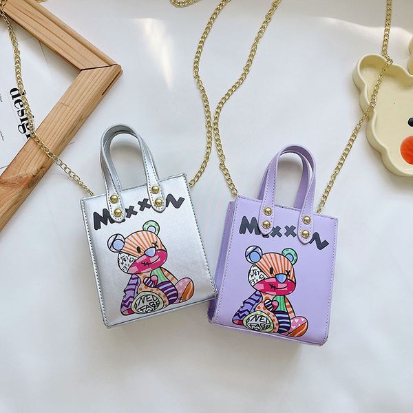 

children cute bear letter printed handbags girls cartoon graffiti crossbody bags kids metals chain single shoulder bag q5799, Black