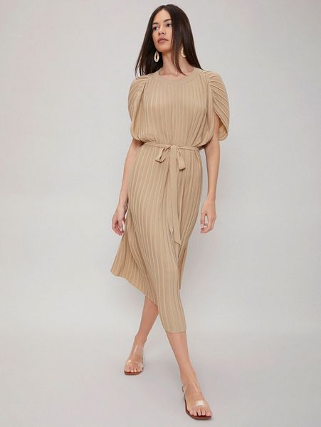 

motf premium straight belted pleated dress t2zg#, Black;gray