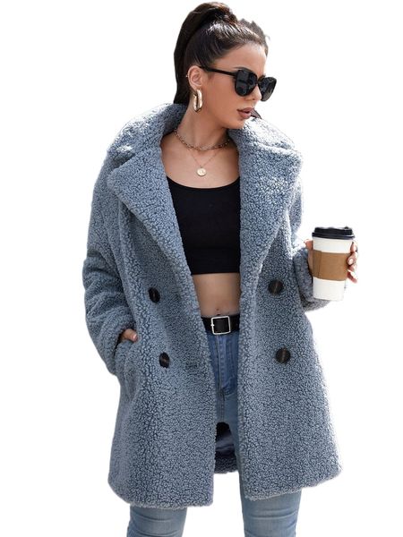

double breasted lapel neck teddy coat w4bn#, Black