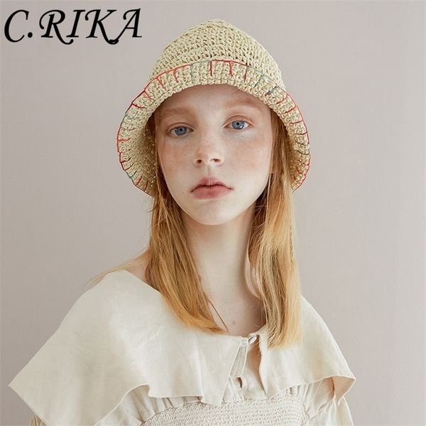 

summer crochet bucket hat women woven straw fisherman design fashion sunscreen beach lady seaside foldable sun hat 220513, Blue;gray