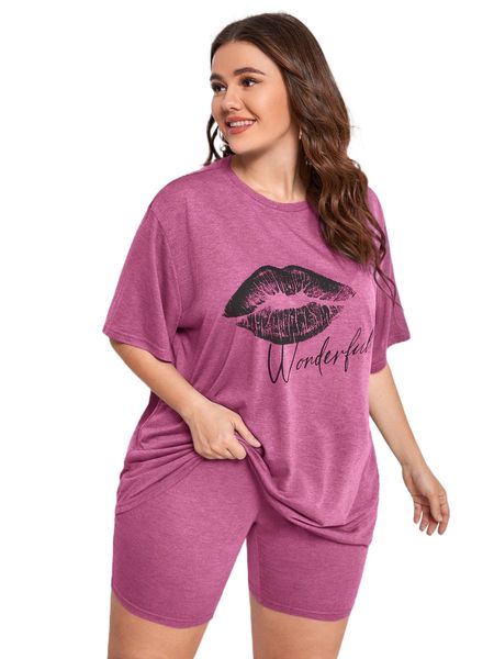 

plus mouth print tee & biker shorts pj set f9et#, Black;white