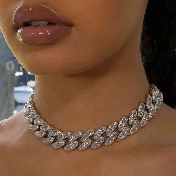 

initial miami punk hip hop cuban necklace iced out men baguette bling rapper crystal choker necklace jewelry gift, Silver