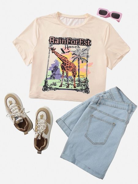 

plus giraffe & letter graphic tee x1ht#, Black