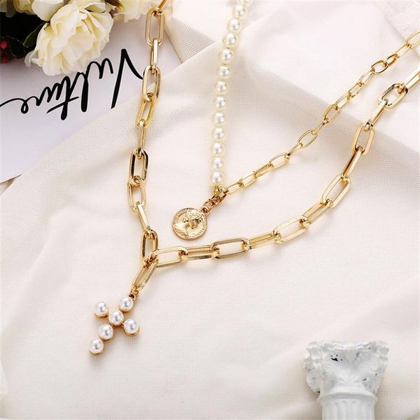 

coin pearl necklace multilayer cross pendant necklace ladies boho247m, Silver