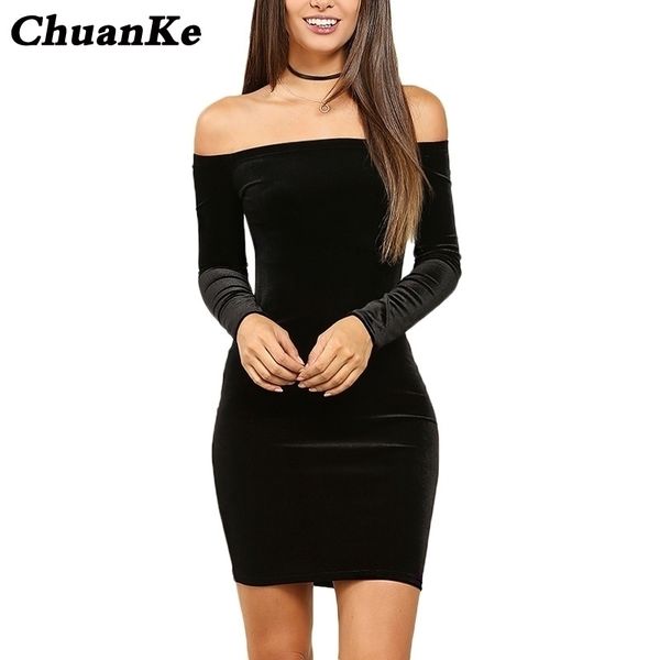 

chuanke off shoulder sheath velvet dress women winter party long sleeve elegant pencil bodycon ladies dress vestidos y200418, Black;pink