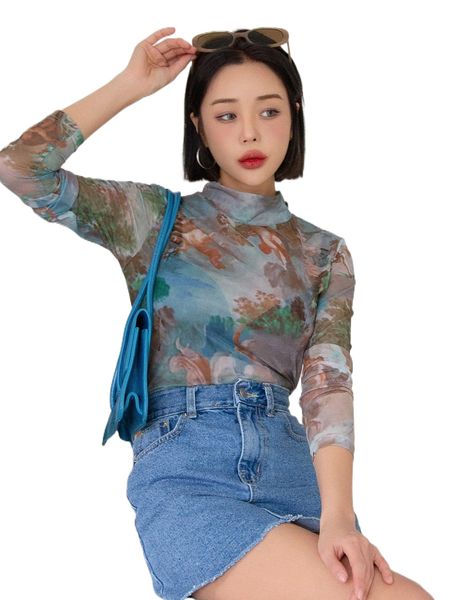 

dazy figure graphic mock neck mesh without bra b1e8#, White