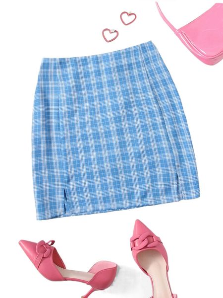 

plaid print zip back slit skirt q0ig#, Black