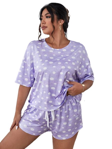 

plus cloud print drop shoulder tee & shorts pj set t0kk#, Black;white