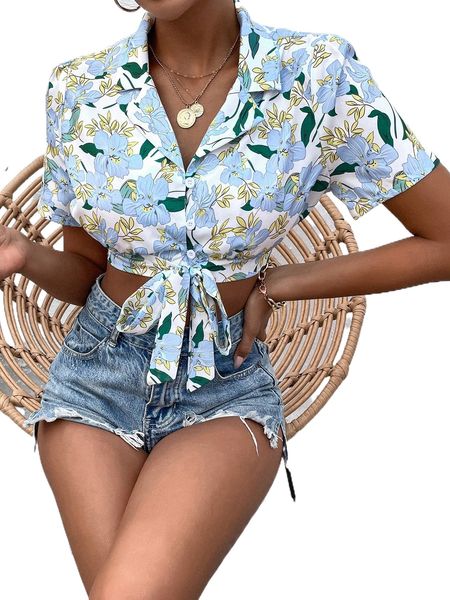

all over floral print knot front crop blouse a7b0#, White