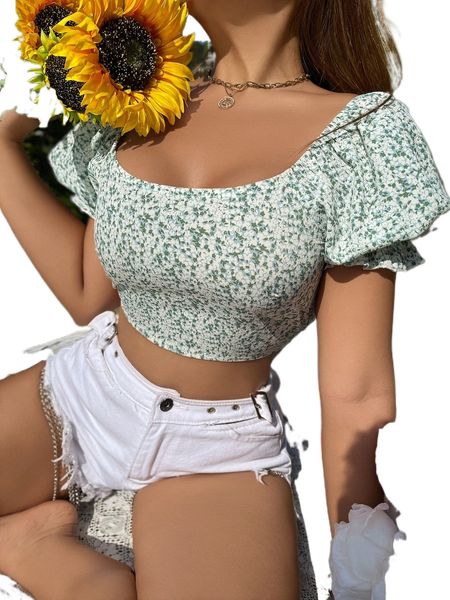 

puff sleeve lace up backless ditsy floral crop z9r8#, White