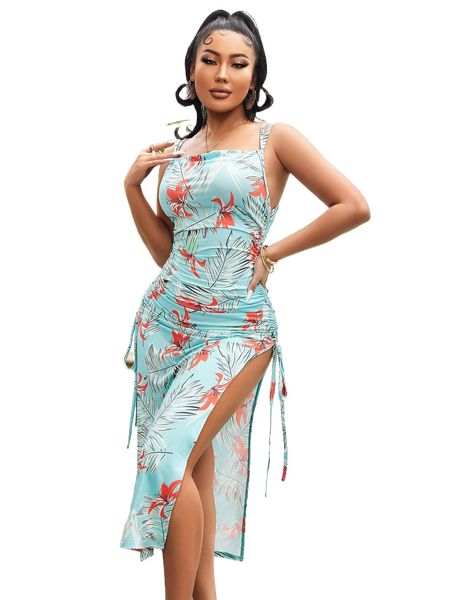 

tropical print split hem drawstring side cami dress g9fq#, Black;gray