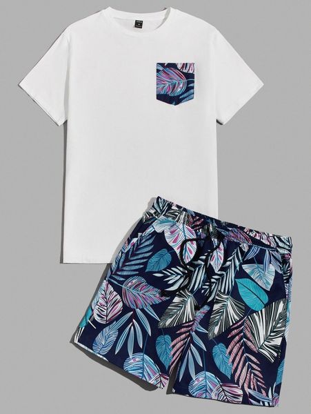 

men pocket front tee & tropical print shorts set n0nc#, Gray