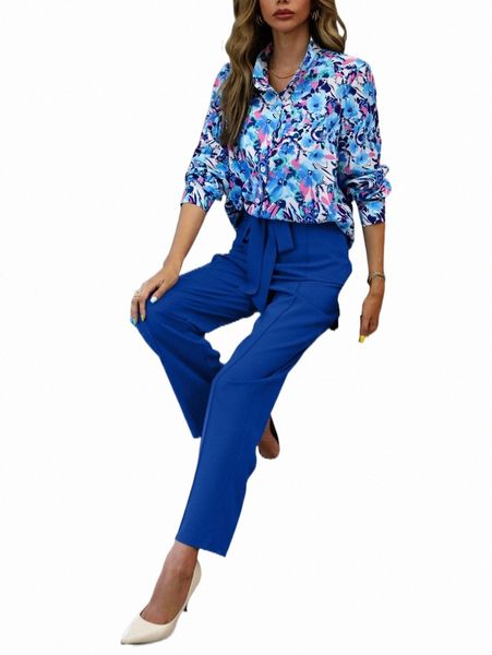 

floral print shirt & belted pants j1r1#, White