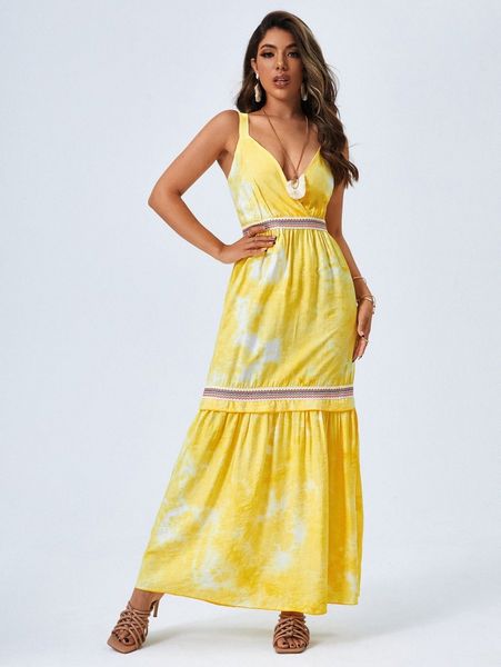 

surplice neck tape detail shirred tie dye cami dress w85g#, Black;gray