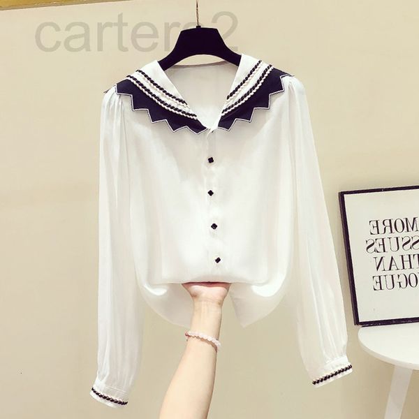 

women's polos designer high sense of chic navy collar shirt women's french chiffon long sleeved early spring 2022 new design minor, White