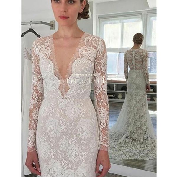 

v-neck full lace mermaid simple long sleeves beach wedding dress, White