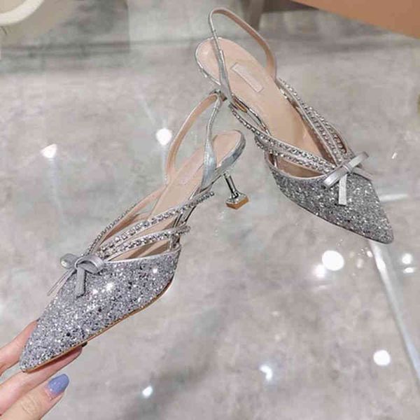 

sandals baotou sandals autumn bow pointed fairy style high heels silver bridesmaid wedding shoes, Black
