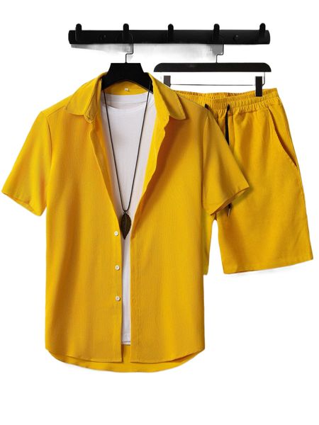 

men high low corduroy shirt & drawstring waist shorts without tee h8r6#, Gray