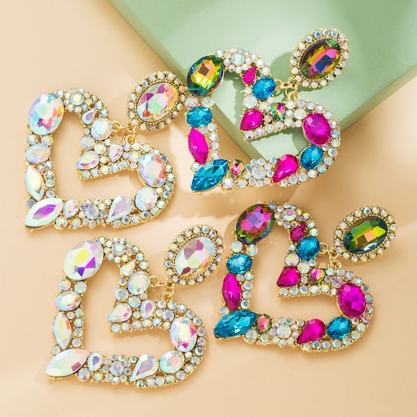 

s2893 fashion jewelry exaggerated peach heart diamond dangle earrings colorful rhinestone stud earrings, Silver