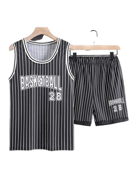

men striped & letter graphic contrast trim tank & shorts i4iz#, Gray