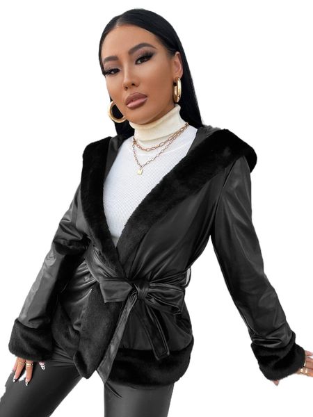 

fuzzy trim hooded belted pu leather coat 48jb#, Black
