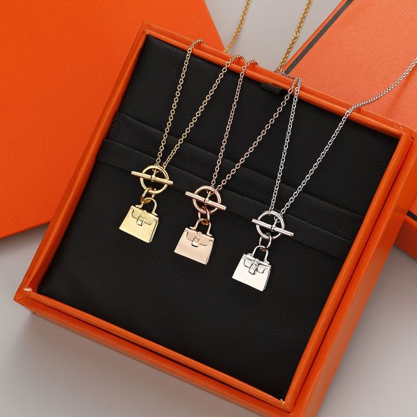 

new lock pendant necklaces luxury design bag pendants classic european and american titanium steel love necklace couple jewelry with velvet, Silver