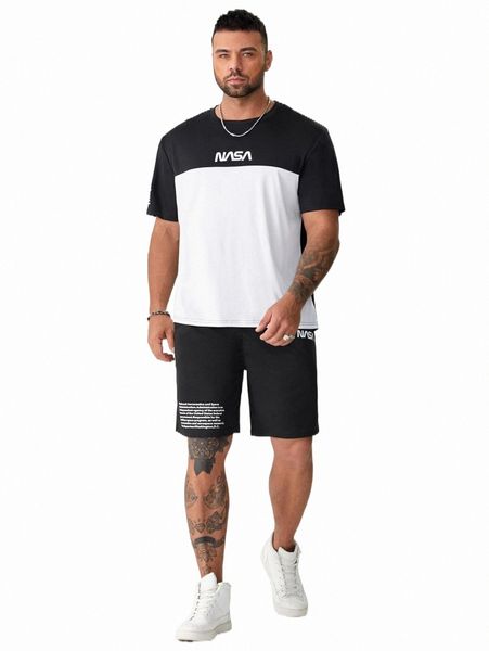 

extended sizes men color block letter graphic tee & shorts k7h2#, Gray