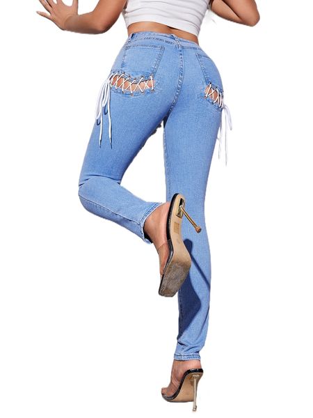 

sxy high stretch lace up detail skinny jeans 15yr#, Blue